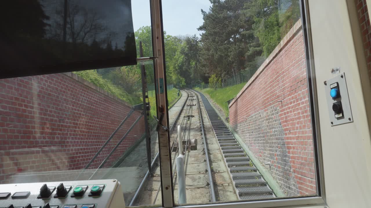 ride of a Petř&iacute;n funicular in Petrin Hill in Prague