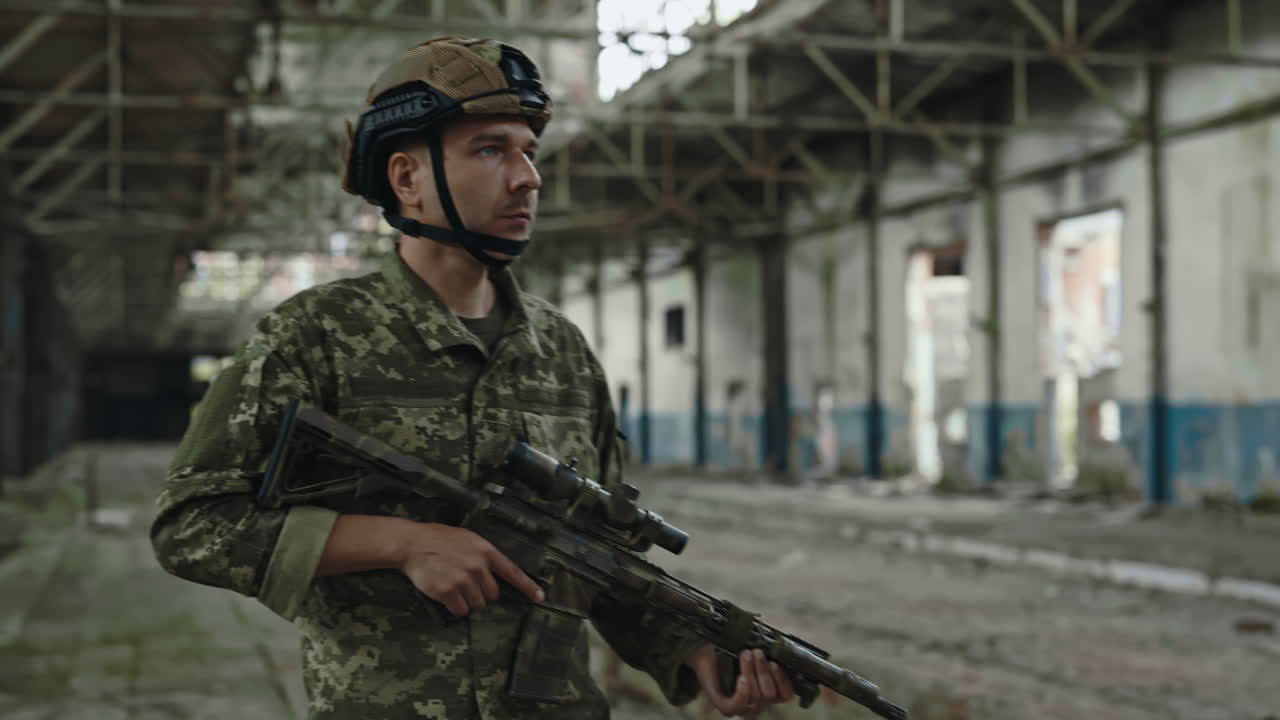 Soldier with Rifle in Abandoned Factory