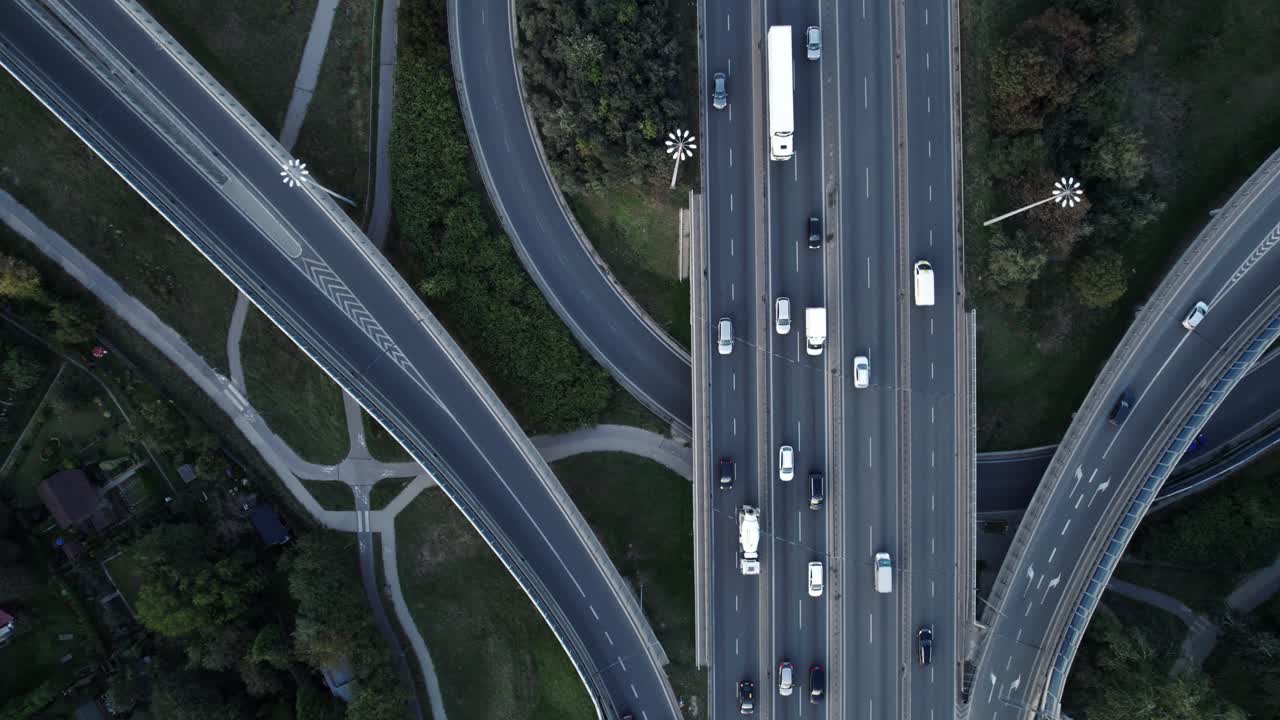 Forming of traffic jam on highway road of Warsaw, aerial top down view