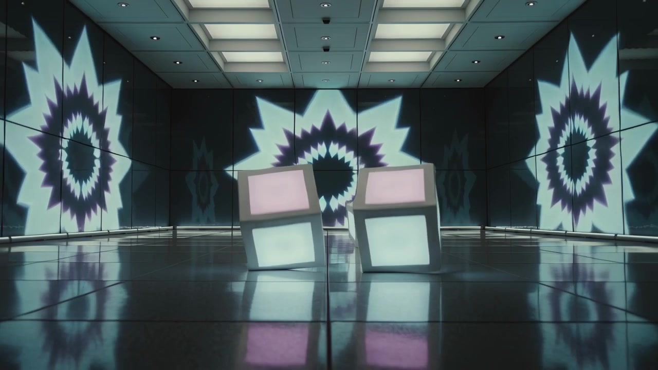 Cycling wall displays driving lit cubes rotating and aligning on mirrored floor with ceiling lights