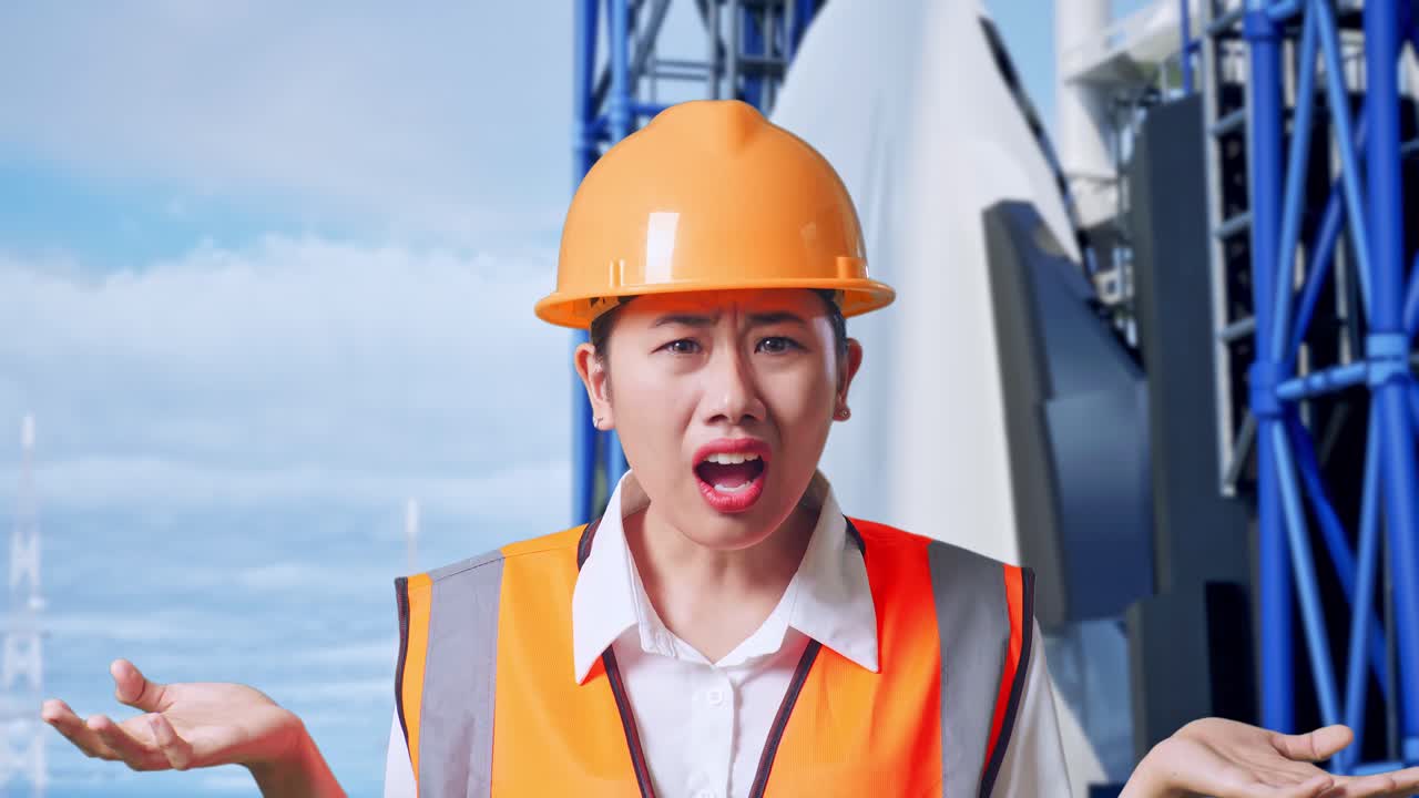 안전 헬을 입은 아시아 여성 엔지니어가 우주왕복선에서 의심스럽게 일하는 이유를 말합니다.