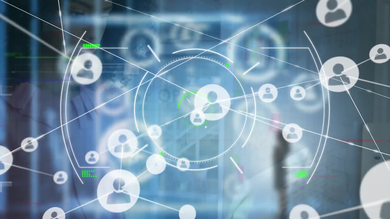 사무실에서 노트북을 사용하는 미소 짓는 백인 여성 위에 연결된 아이콘과 원의 애니메이션