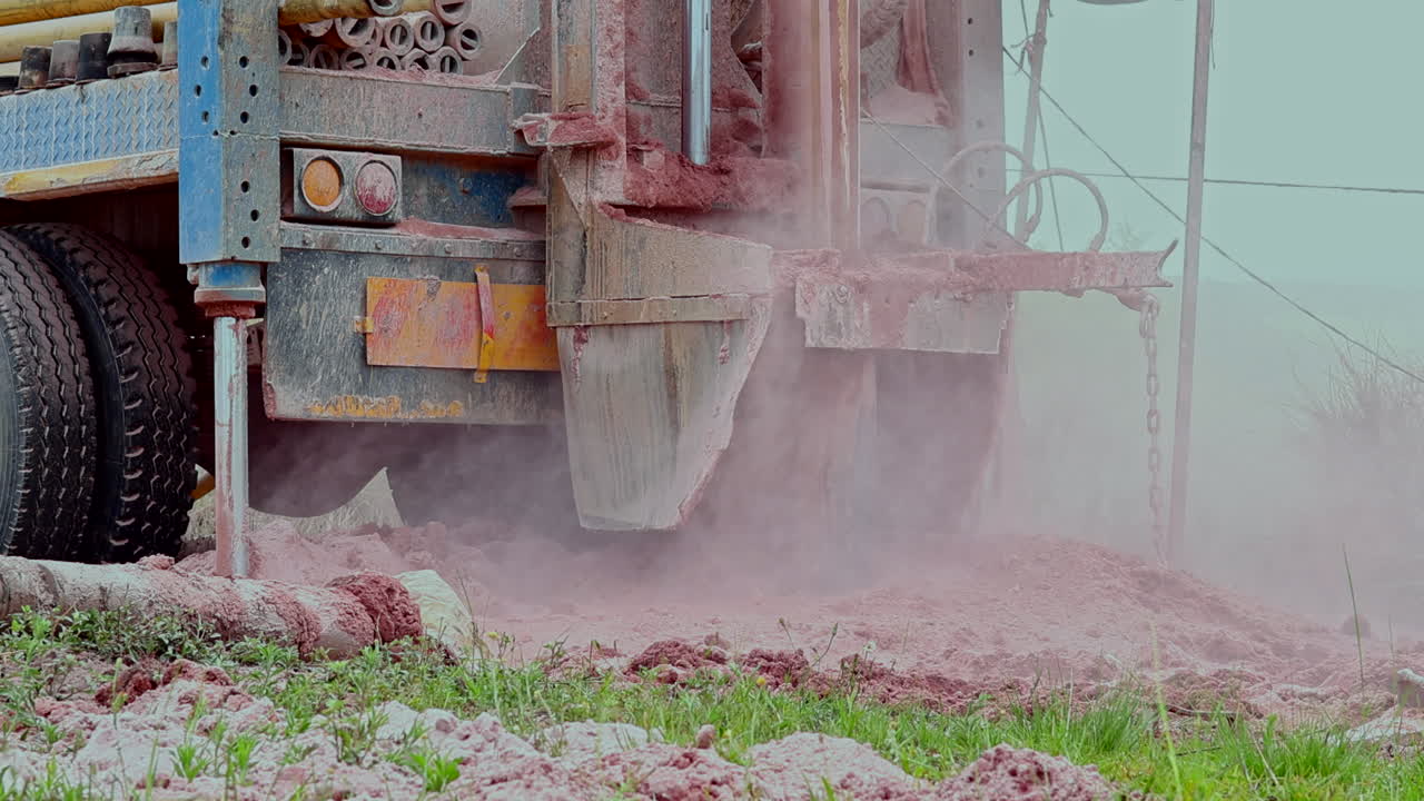una plataforma de perforación en acción creando un pozo con polvo y barro volando en un sitio de construcción
