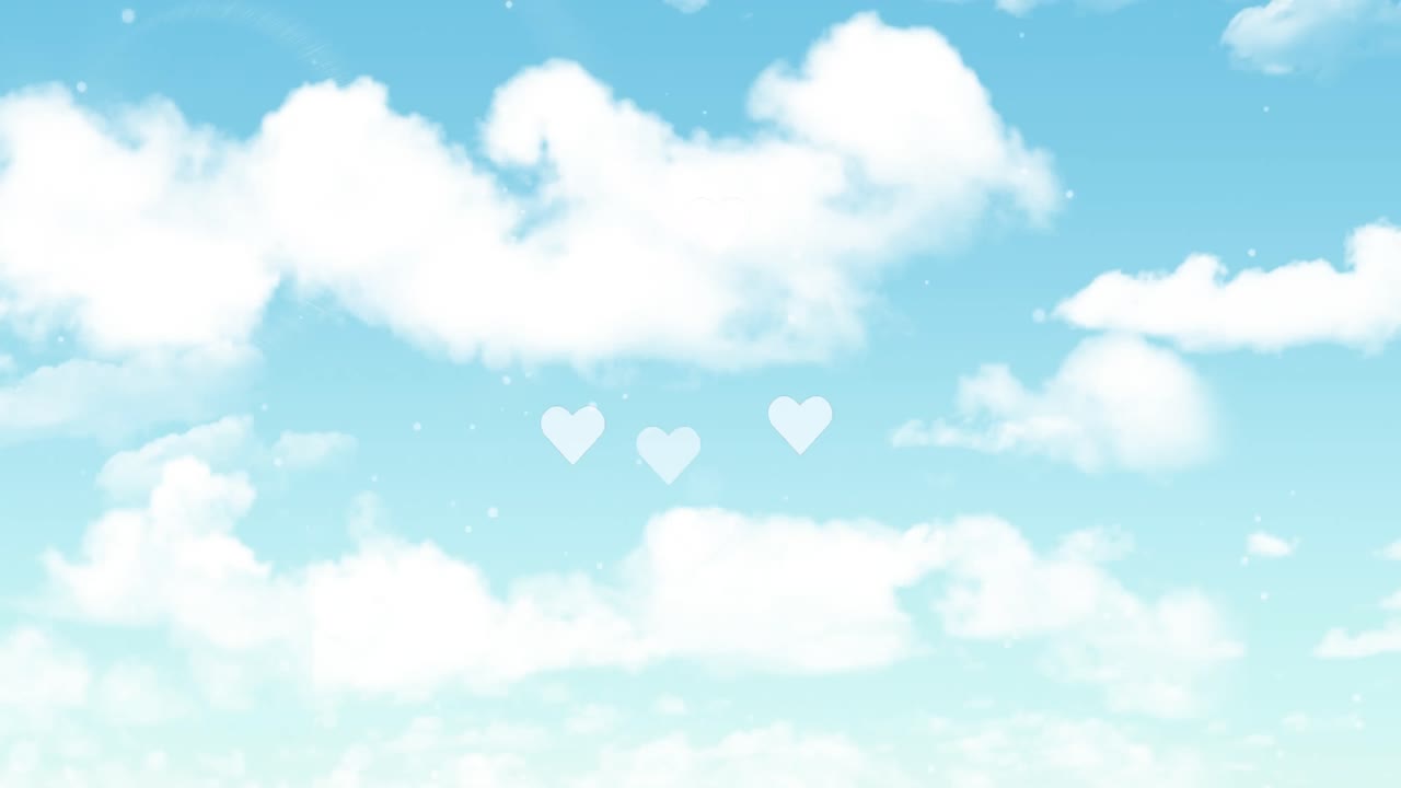 animación de círculos digitales y formas de corazón que se mueven sobre el cielo nublado, copia del espacio