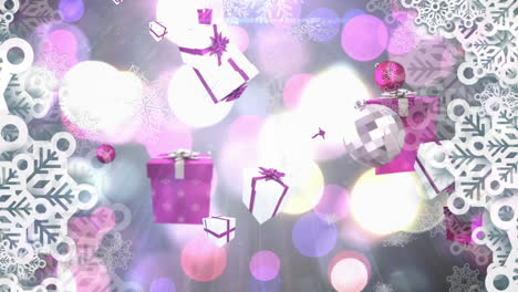 animation of falling snow, christmas presents and baubles over bokeh