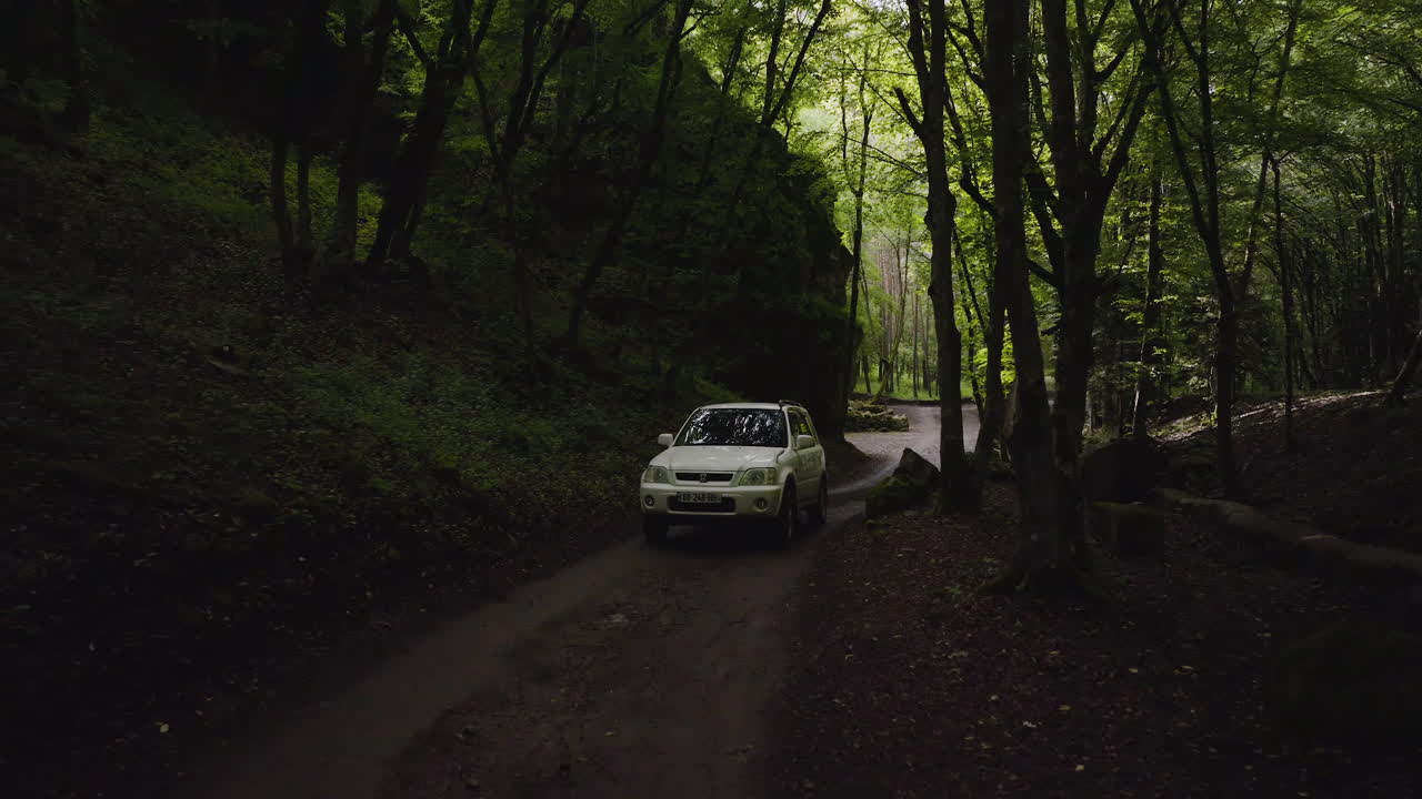 Ripresa aerea fluida della parte anteriore di un SUV che guida in salita attraverso una foresta calma.