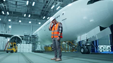 vista lateral completa del cuerpo de un ingeniero masculino asiático con casco de seguridad que tiene dolor de cabeza mientras está de pie con el avión en el hangar