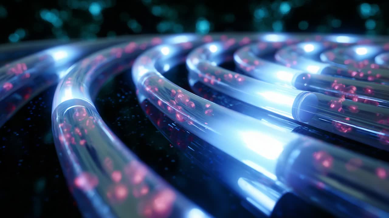 Illuminated Transparent Tubes with Glowing Particles Flowing Through, Creating an Abstract Light Display in a Futuristic Environment Rich in Colorful and Dynamic Visuals, Evoking a Sense of Technological Innovation and Artistic Expression