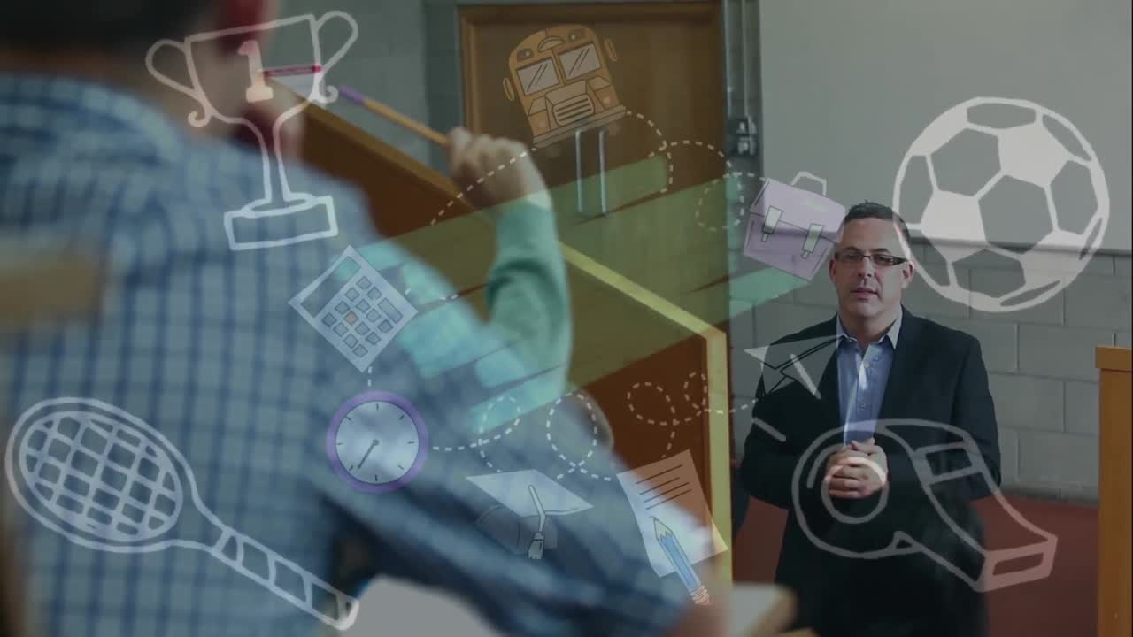 múltiples iconos del concepto deportivo flotando contra el profesor masculino caucásico que enseña a los estudiantes en la universidad