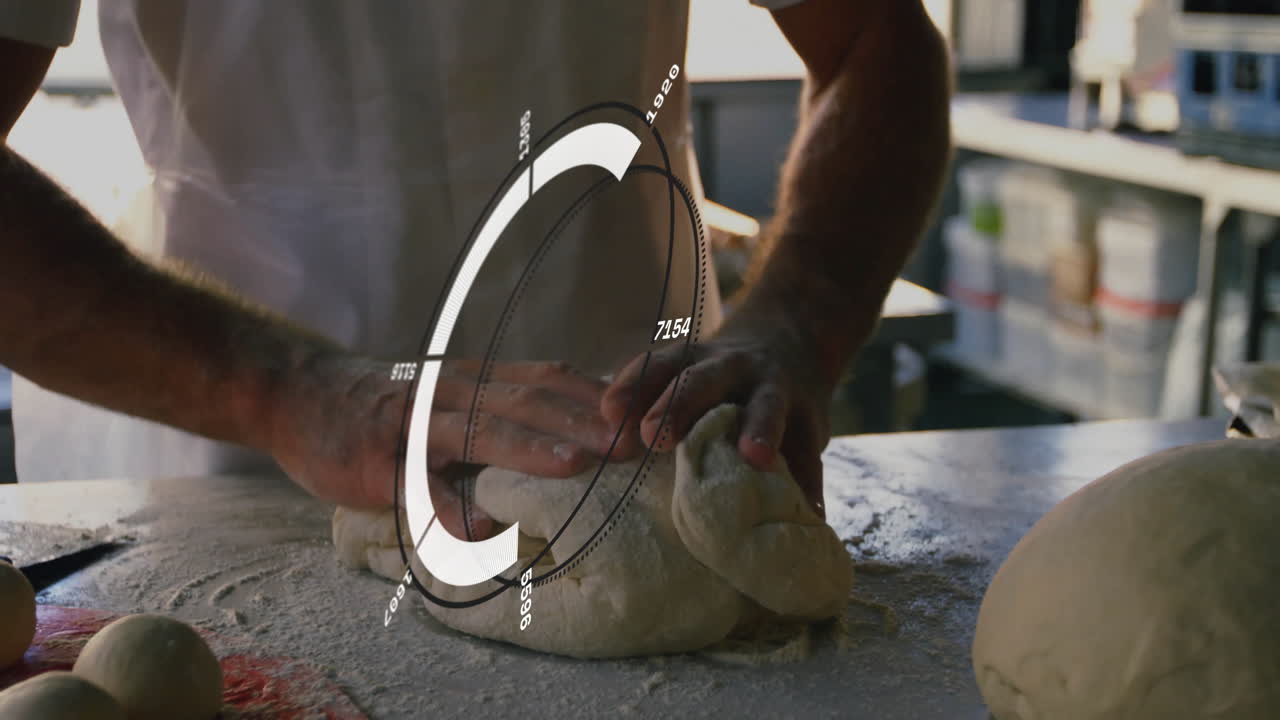 Baker hands kneading dough in 3D illustration, with flour dusted countertop and red cloth