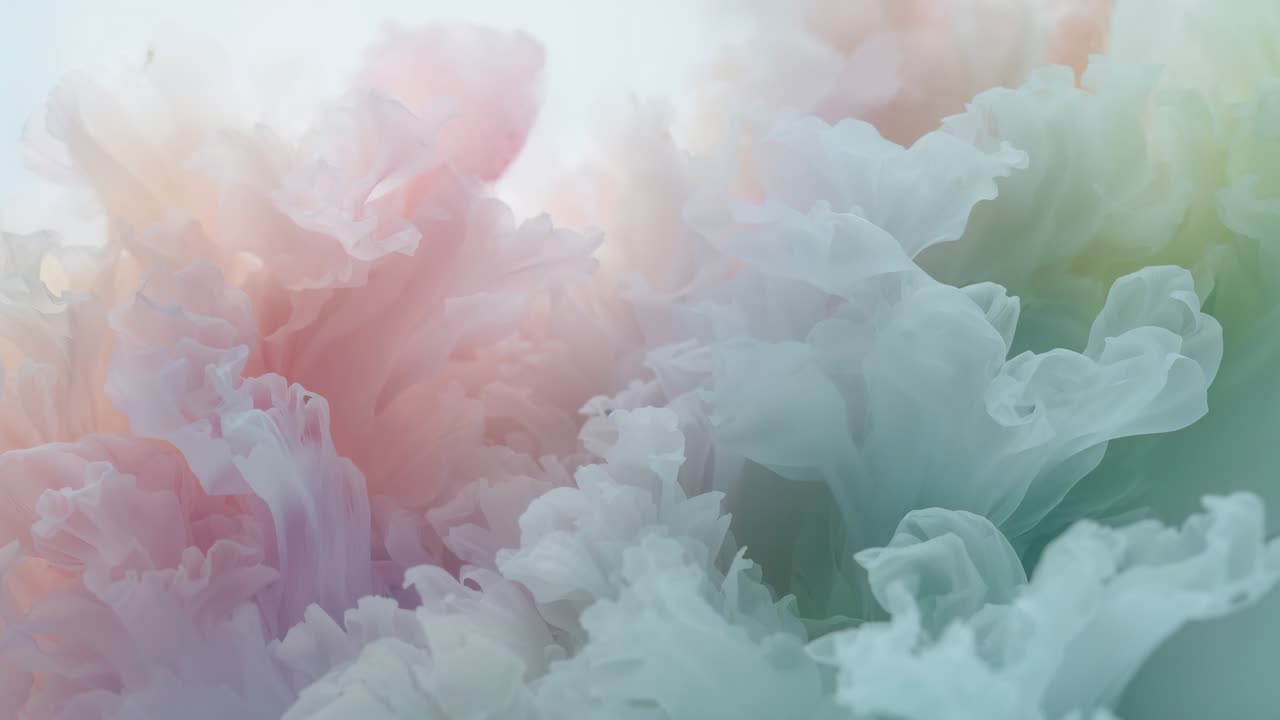 Blooming pastel plumes expanding in studio tank, showing pink, aqua, mint pigment diffusion
