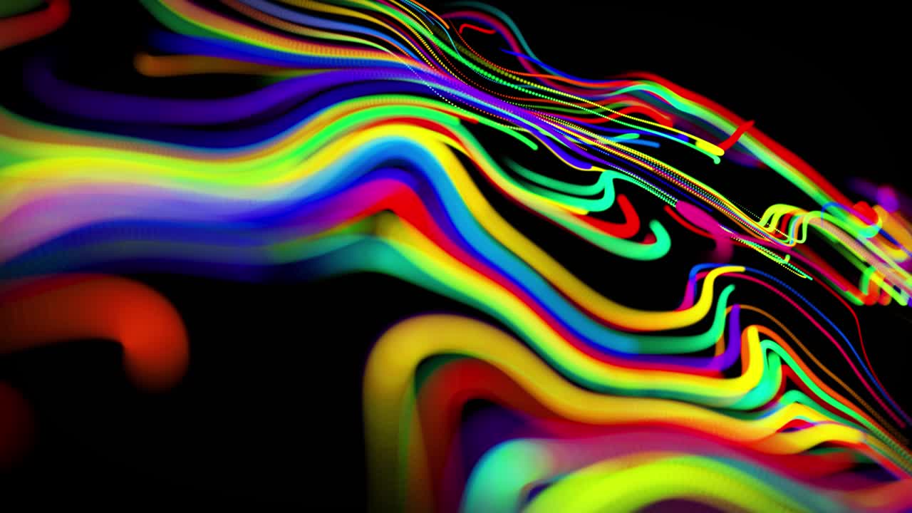 el flujo de partículas forma líneas rizadas como rastros de brillo de diferentes colores, las líneas forman un patrón giratorio como ruido de rizado. abstracto 3d bucle de flujo de animación como fondo festivo creativo brillante