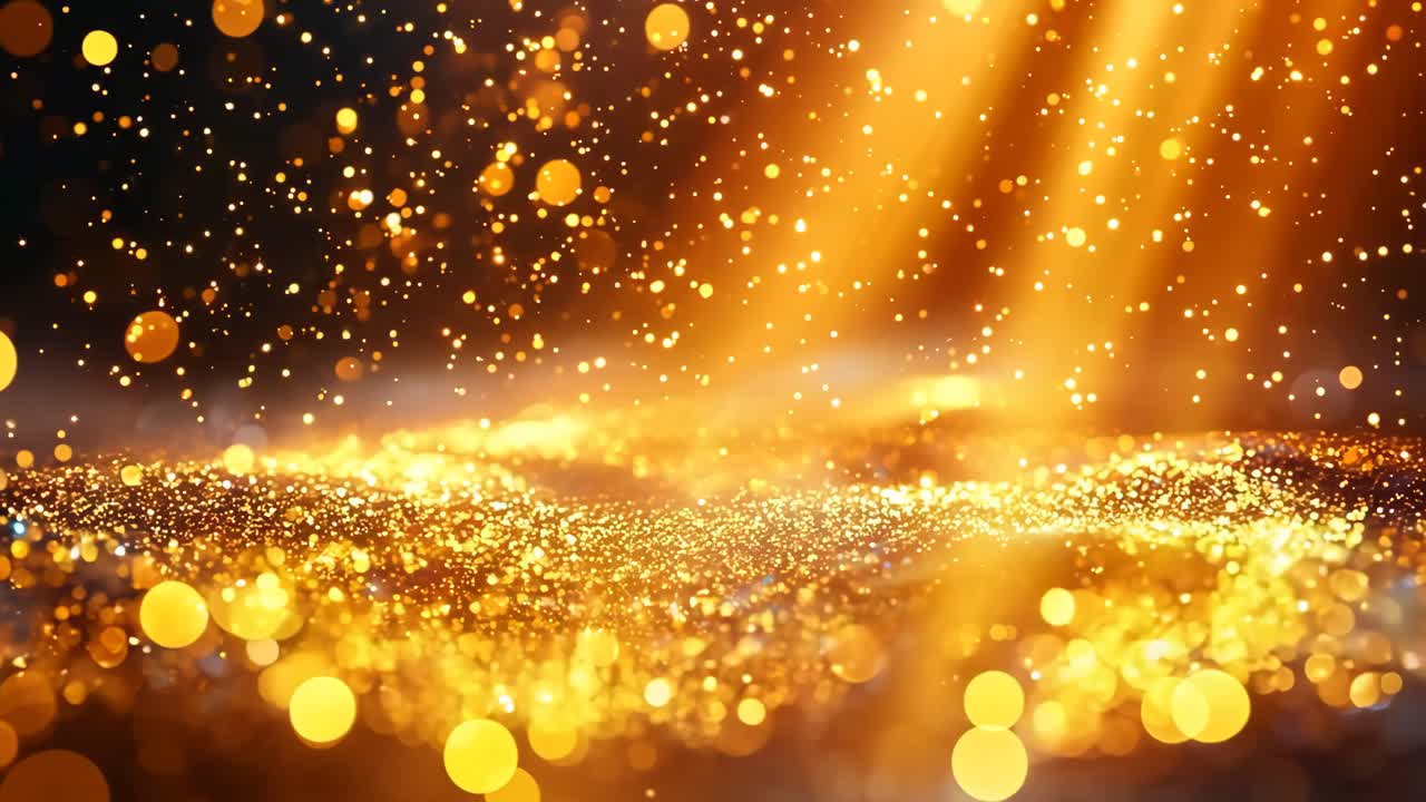 A large amount of glitter scattered across a dark background. The glitter is illuminated by sunlight, creating a warm and inviting atmosphere. Concept of celebration and joy