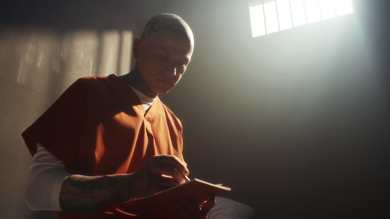 Detenuto calvo e tatuato seduto da solo in carcere, mentre scrive o disegna su un blocco note.