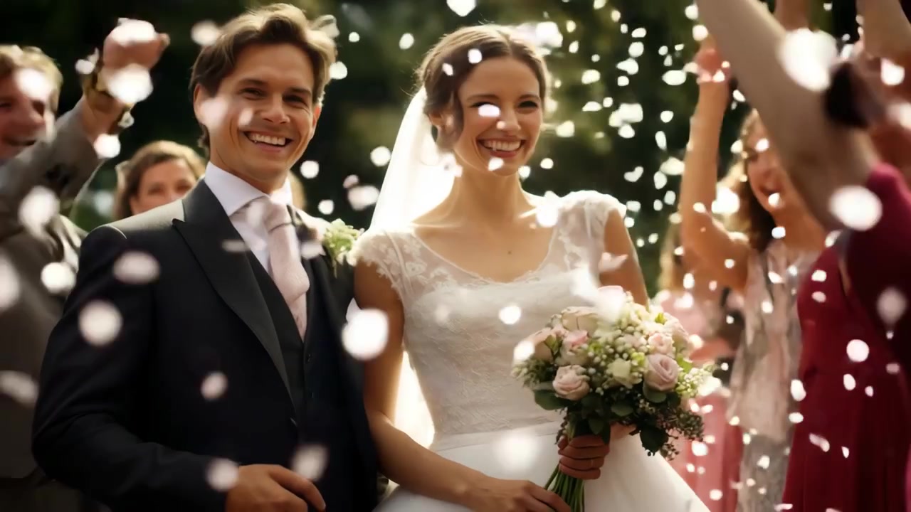 Coppia di novelli sposi felici che festeggia il giorno del matrimonio con coriandoli