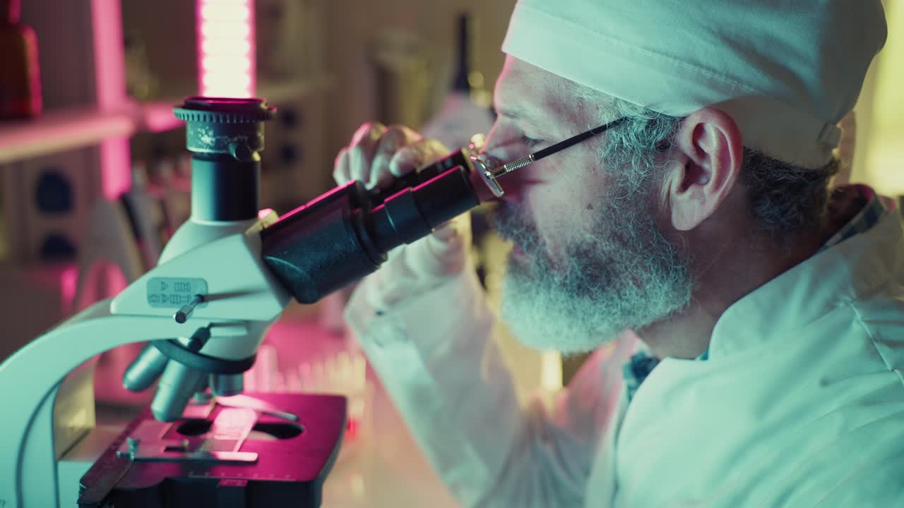 Ilmuwan Pria Melihat Melalui Mikroskop di Laboratorium Modern