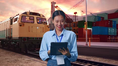 asian female with her tablet with freight cargo train at port, work continuously with her tablet