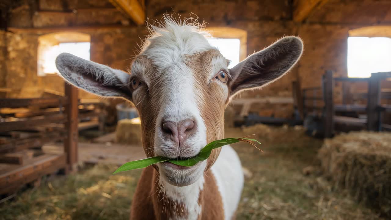 Camera starting recording, brown-and-white goat chewing green grass blade inside rustic barn to eat