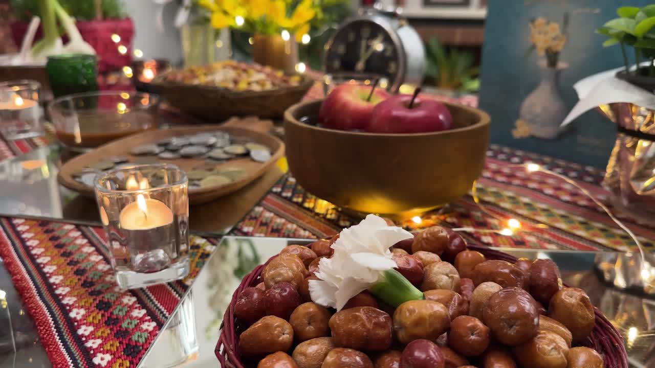 Nowruz table and clock symbol of countdown coin candle fruits apple Russian olive colorful haftsin table ceremony decoration lantern traditional Tehran interior scenic nature morning architecture view