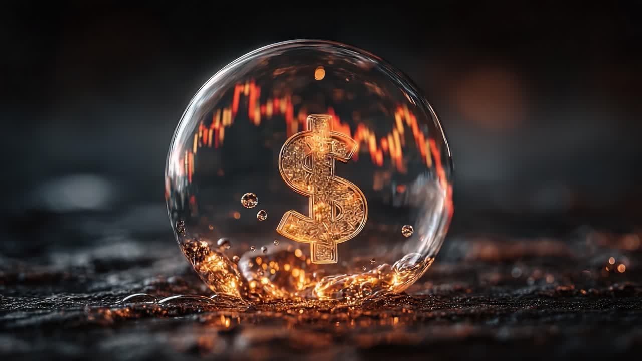 Verlicht dollarteken ingesloten in een bubbel met een levendige financiële grafiek als achtergrond, dat economische trends en marktdynamiek symboliseert.