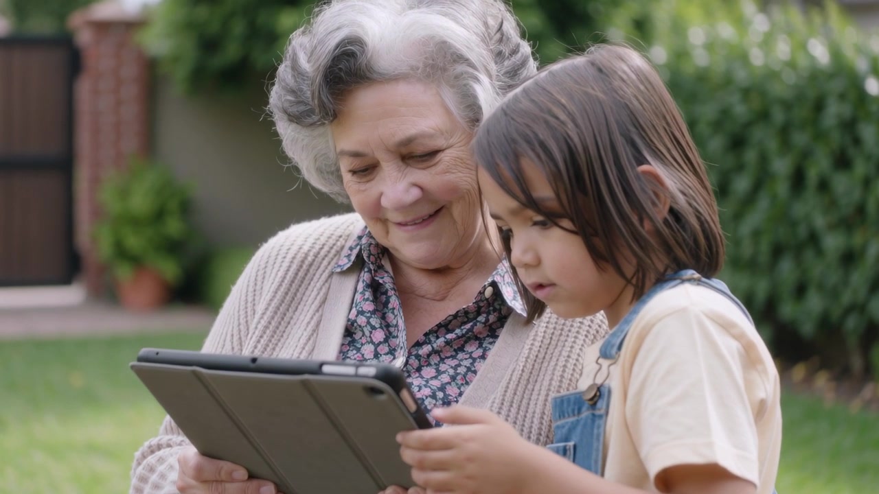 Un bambino si allunga toccando un tablet in una custodia mentre un anziano lo tiene sul prato, imparando, in cardigan e salopette.