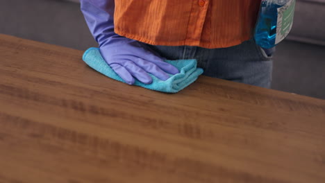 Woman,-hands-and-cleaning-wooden-table