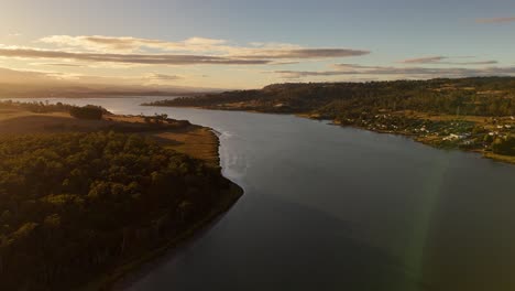 high aerial footage of the tamar river on the island of tasmania in australia at sunset