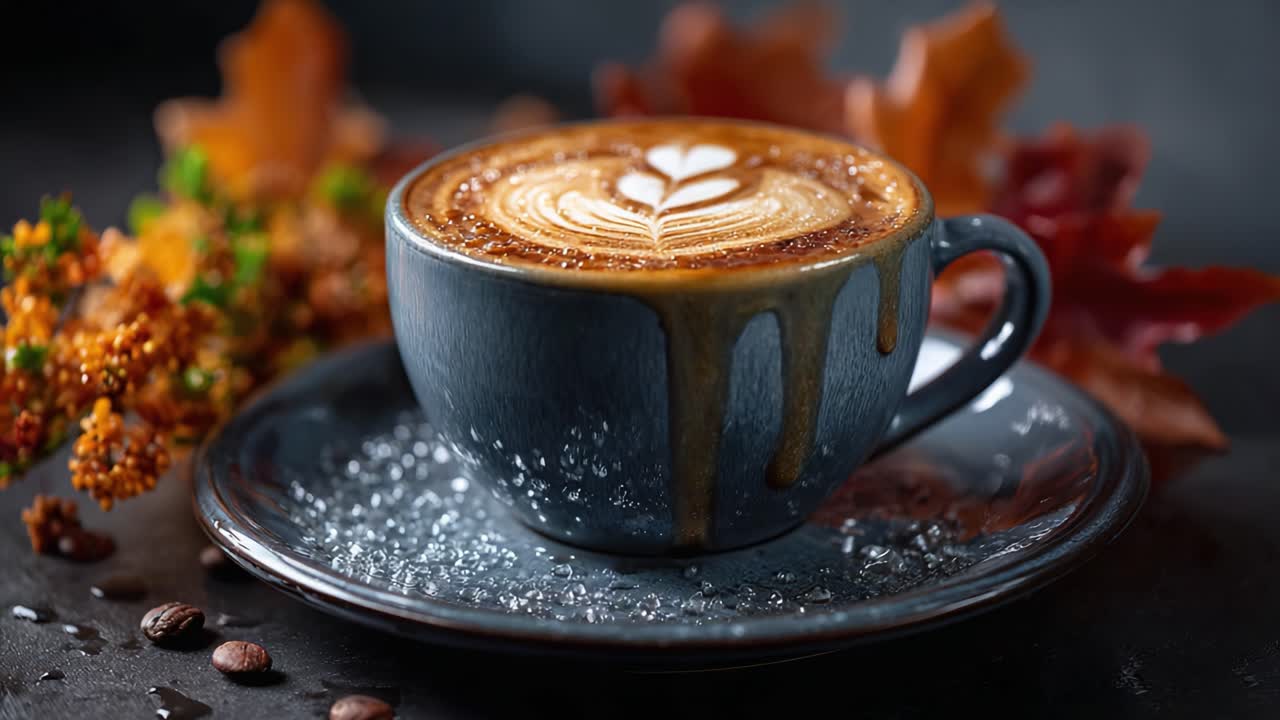 Delightful Coffee Cup Featuring Creamy Latte Art, Accentuated by Autumn Leaves and Coffee Beans, Capturing the Essence of Cozy Warmth and Comfort in Every Sip