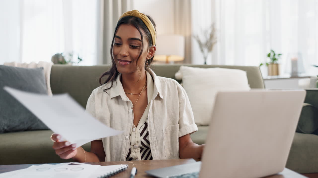 Woman, documents and computer for home budget