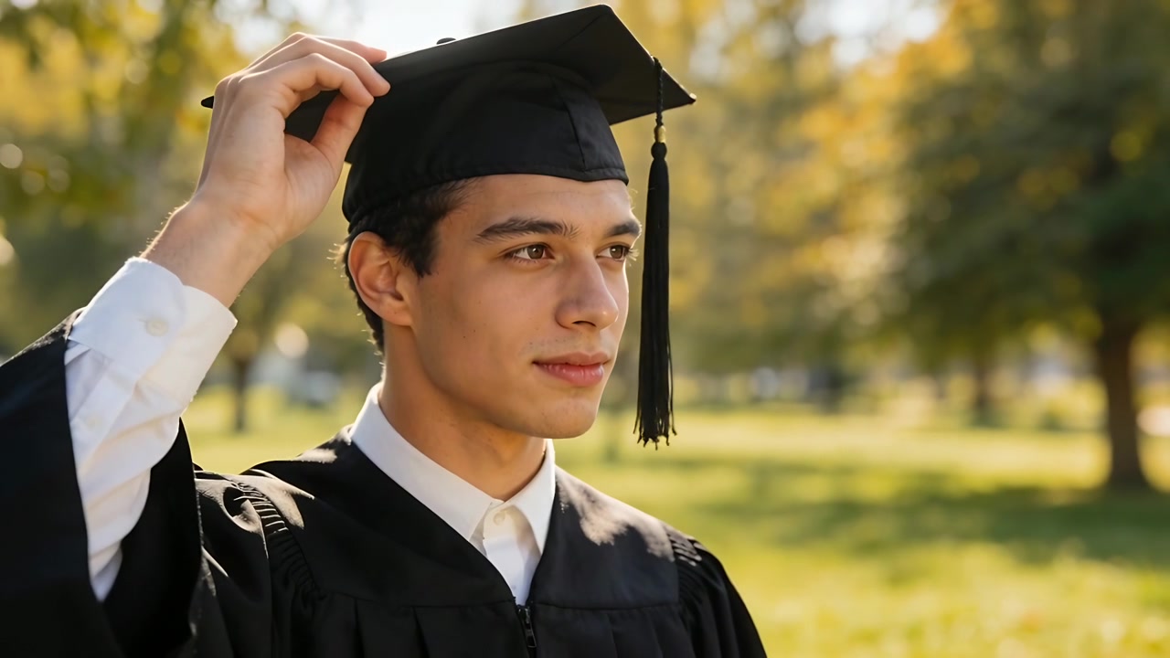 Alzando la mano destra, studente che si laurea che sistema il tocco sul prato del campus, con nappa e toga.