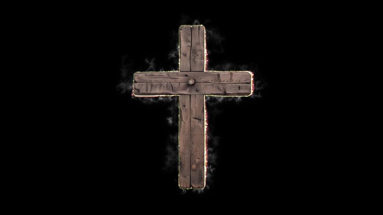 Design dettagliato in 3D di una croce cristiana in legno invecchiato 06, con venature del legno invecchiate, bordi consumati, texture rustica ed effetti visivi fumosi sottili che la circondano su sfondo nero. Cristianesimo, fede, religione