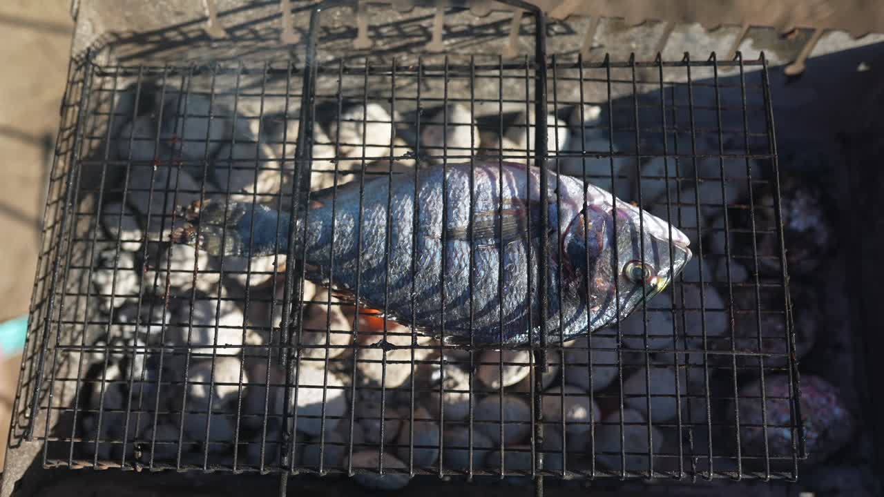 나무 석탄 그릴 에 긴 물고기