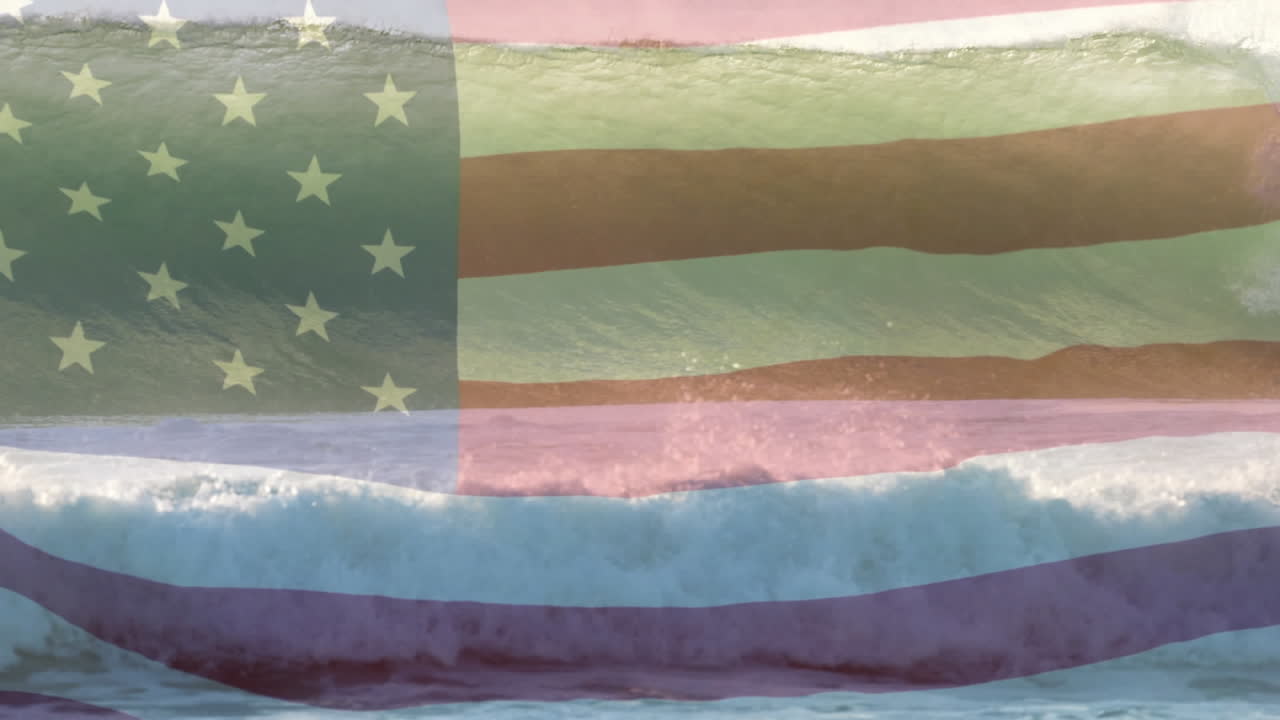 바다의 파도에 대항하여 우리  ⁇ 발을 흔드는 디지털 구성