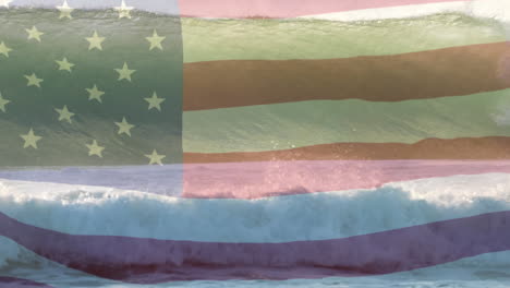 digital composition of waving us flag against waves in the sea