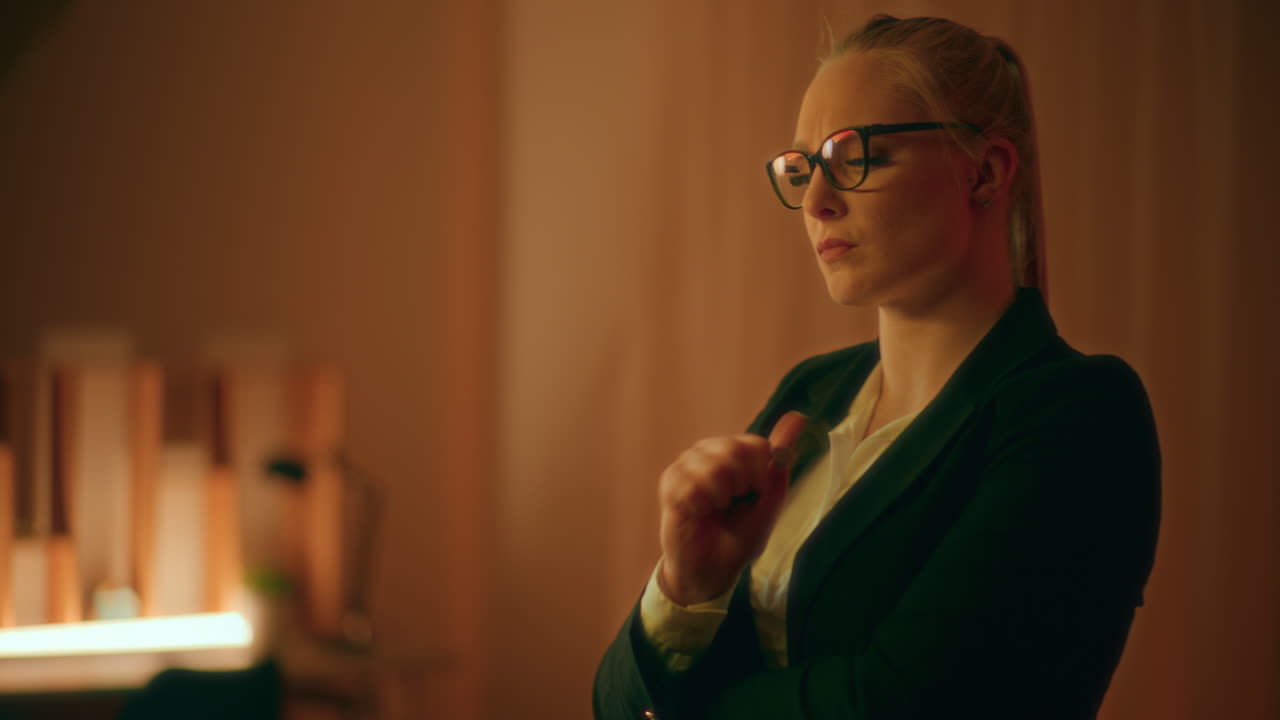 concentrada mujer de negocios reflexiona y piensa intensamente sobre el proyecto tarde en la noche