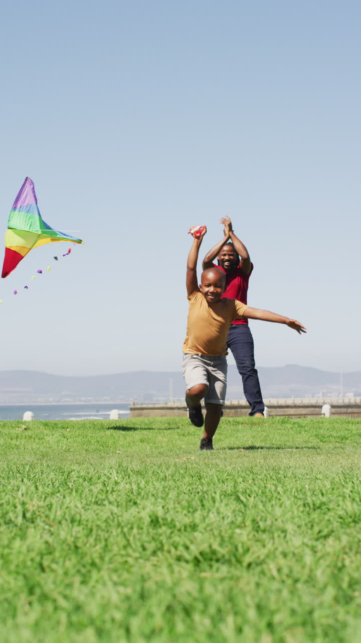 video vertical de un feliz padre afroamericano con su hijo volando cometa