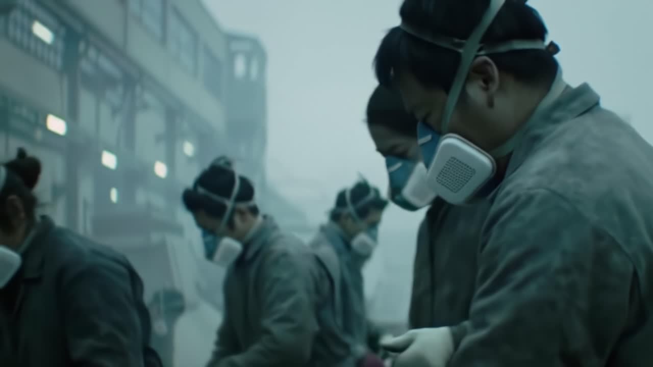 Workers Overcoming Adversity in a Gloomy Environment: A Glimpse into the Lives of Laborers Donning Protective Gear Amidst Challenging Conditions
