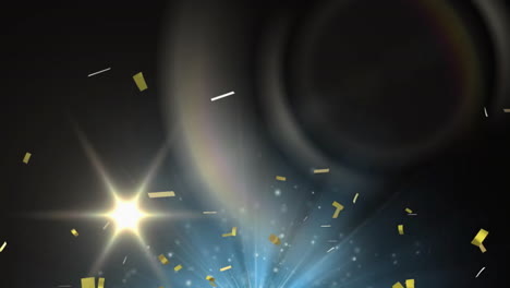 Animation of gold confetti falling over white spotlights on dark background