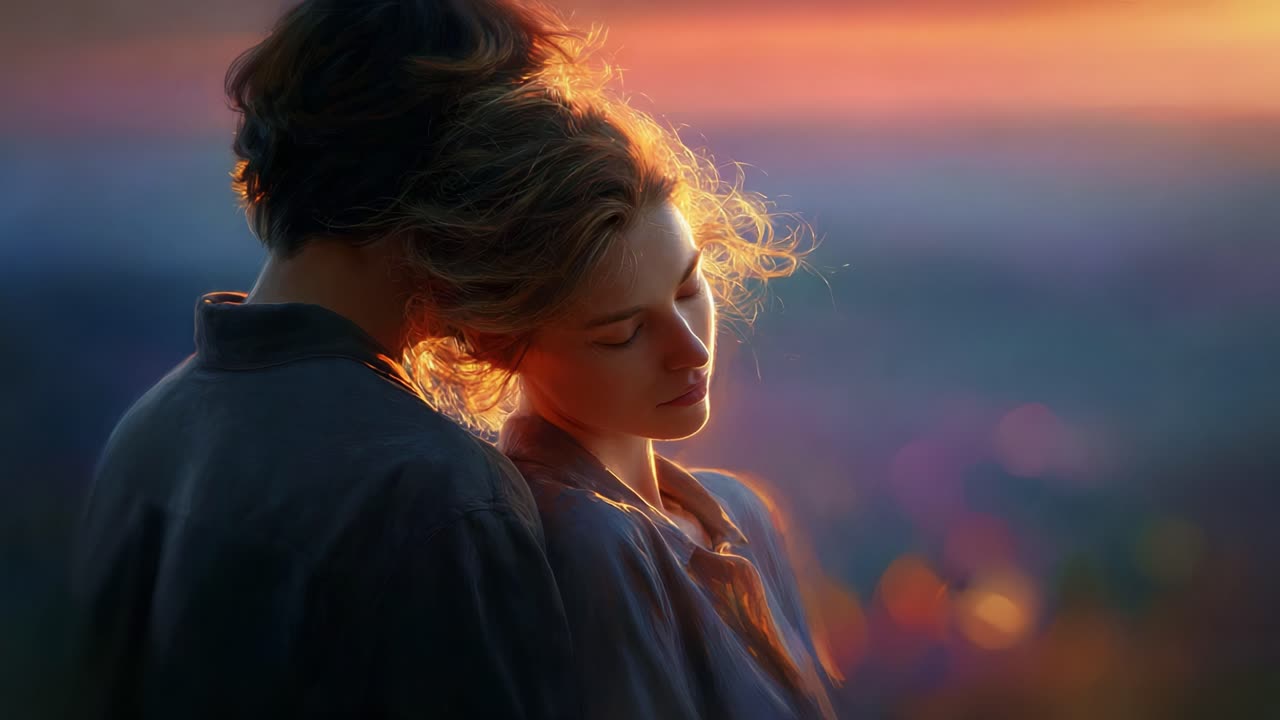 A serene moment captured at sunset, showcasing the intimate connection between a couple as they embrace, surrounded by a picturesque and colorful landscape, radiating warmth and love