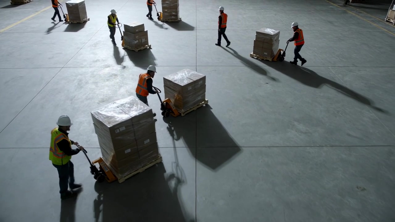 Pushing three workers wearing hard hats, vests moving pallets on warehouse floor, organizing cargo