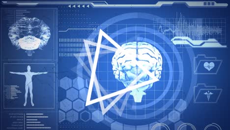 Forma-De-Triángulo-Geométrico-Girando-Sobre-Una-Interfaz-Digital-Con-Procesamiento-De-Datos-Médicos