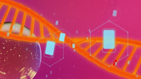 Animation-Von-Symbolen,-DNA-Strang-über-Dem-Globus-Und-Datenverarbeitung