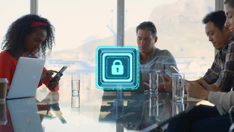 animation of padlock icon with circuit board over diverse business people in office