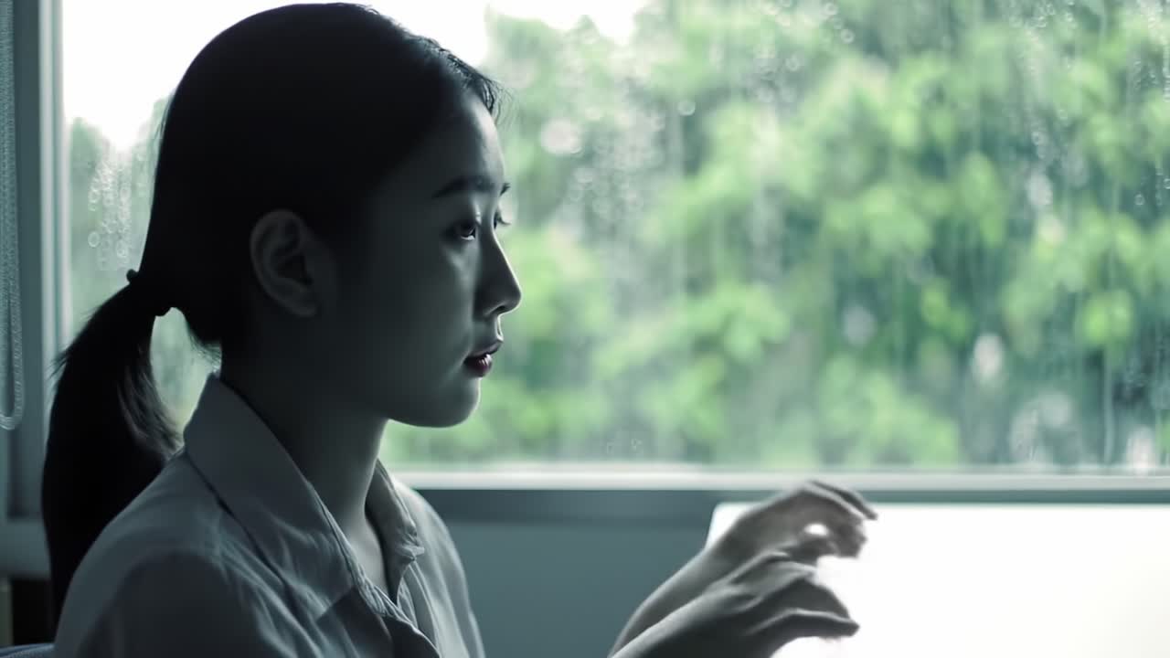 A young woman sits at a table near a window, absorbed in her work as rain gently falls outside, creating a contemplative atmosphere of focus and solitude.