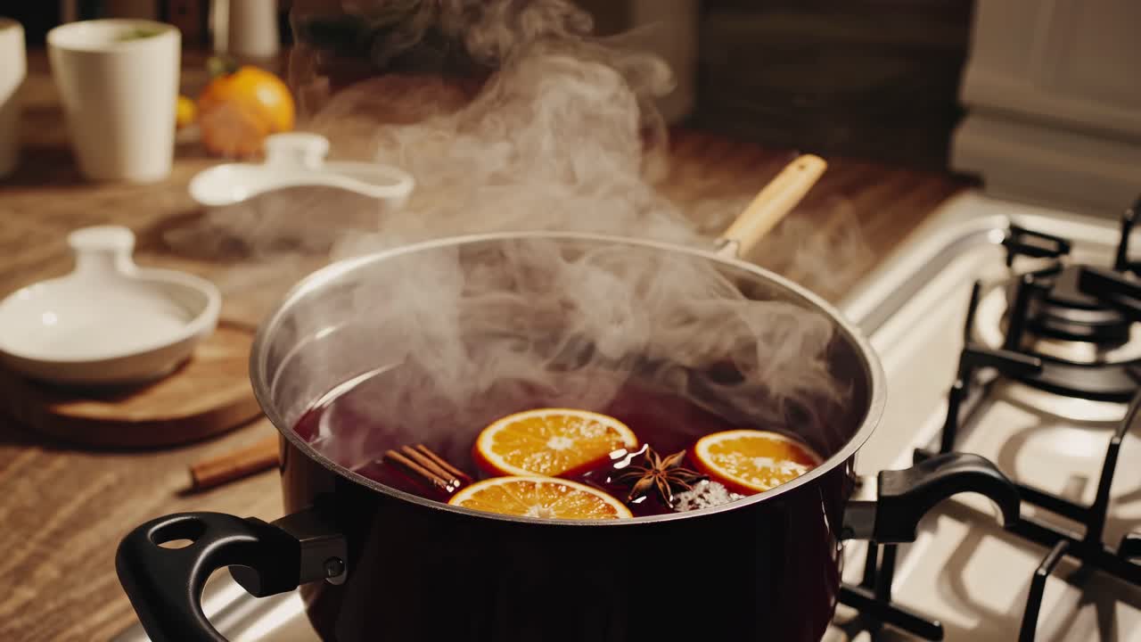 A close-up video angle of a steaming pot with sliced oranges and spices, capturing the essence