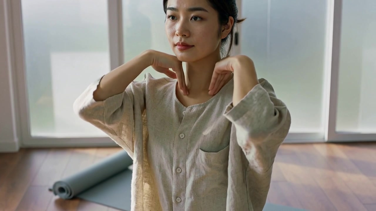 自宅で、ゆったりとしたベージュのシャツを着たアジア人女性が、丸められたマットの上でヨガのために首をマッサージしている。