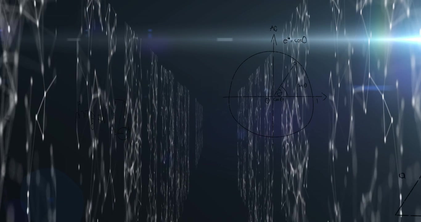 Animation af lysspor over matematiske ligninger og netværk af forbindelser på sort baggrund