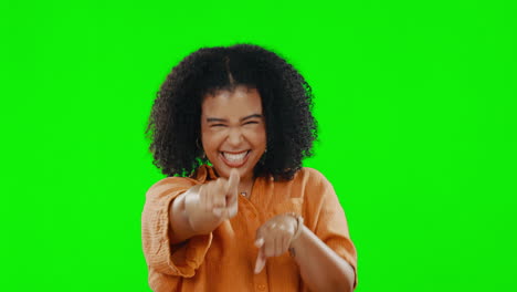 face, green screen and woman pointing to you