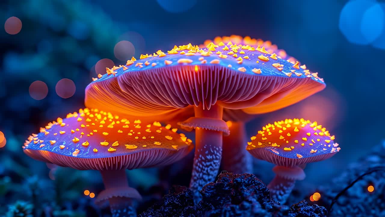 Funghi brillano di luce blu. Funghi luminosi illuminano il terreno scuro in una foresta di notte, creando una scena unica con colori e forme incandescenti.