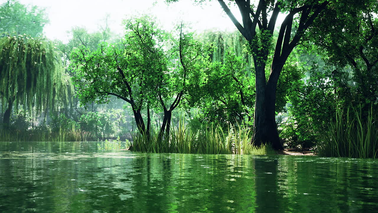 도시 공원 에 있는 연못 근처 에 있는 아침 태양 에 있는 나무 들